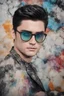 Placeholder: Elvis Presley, Lucy Hale Hybrid, thick, black framed cat-eye eyeglasses, 4k UHD, photorealistic, bright, extremely colorful, multicolored, foggy, gradated marble wall background, extremely detailed skin texture,