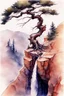 Placeholder: aspect ratio is Portrait, Edward Wesson, Dante Gabriel Rossetti, Pino Daeni, watercolor, wet on wet, splash fast strokes, Gnarled pine trees on the edge of a precipice looking down into a canyon, Brian Froud style, wet blurry watercolor