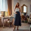 Placeholder: very beautiful lady with beautiful midi skirt and blouse standing in a luxury bedroom with high heels next to makeup desk looking to camera