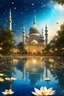 Placeholder: Wonderful islamic Mosque golden shining colors of a magic lake full of lotus flowers and fairytale castle in the background with sparkling white stars tiny electric blue butterflies