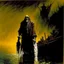 Placeholder: the Ferryman is guiding you the way tonight, moribund blasphemous heretics, (by Ted McKeever:1.4) and by Frank Frazetta and Gustav Dore, brooding horror art, warm colors, unsettling,