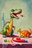 Placeholder: In this still life painting, a small plastic dinosaur is facing off with a gummy worm, both looking rather stern. The dinosaur has its tiny arms crossed in defiance, while the gummy worm seems to be attempting to reason with it. Meanwhile, a lone marshmallow sits nearby, looking bewildered by the whole situation. It's a humorous take on the clash between toys and sweets, with a touch of dry wit.