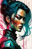 Placeholder: create a highly ethereal, darkly magical surrealist portrait illustration of a cyberpunk samurai female cop, with highly detailed and deeply cut facial features, in a chaotic, turbulent, otherworldly city in the comic art style of BILL SIENKIEWICZ and JEAN GIRAUD MOEBIUS, searing lines and forceful strokes, precisely drawn, inked, and darkly colored