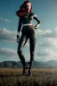 Placeholder: retro portrait image from 1960, sky background, wind, long red hair, fighting stance, sweet young Scarlett Johansson, black dress, classic long tight lycra black suit, gold bracelet and belt, high heel boots, superhero style, soft color, highly detailed, unreal engine 5, ray tracing, RTX, lumen lighting, ultra detail, volumetric lighting, 3d, finely drawn, high definition, high resolution.