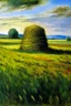 Placeholder: A grassy plain filled with haystacks painted by Claude Monet