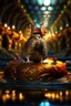 Placeholder: portrait of queen terrifying winged furry rat hovering above water slide on underground bone bridge, wizard fireball in background, in the style of fantasy movies, photo-realistic, shot on Hasselblad h6d-400c, zeiss prime lens, bokeh like f/0.8, tilt-shift lens 8k, high detail, smooth render, down-light, unreal engine 5, cinema 4d, HDR, dust effect, vivid colors, smoke, dust, fireflies