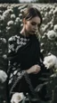 Placeholder: black lace scarf in a field of white roses.cinematic picture