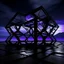 Placeholder: a large dark black 3D hexagon structure with a neon purple outline floating high above a desolate monochrome landscape