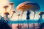 Placeholder: woman standing on the shores of an alien world, with mushrooms with jellyfish tentacles, floating in the air, photorealistic, Detailed Matte Painting, Deep Colour, Fantastical, Intricate Detail, sunshine