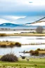 Placeholder: paisaje del sur argentino, con lago, día frio y nevado, incluyendo varios animales autóctonos bien definidos( ciervos, peces, aves, etc.)