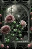 Placeholder: 63. beautiful landscape elegant blooming pink roses and daisies, lots of greenery, sequins, dew filigree, smoke fractal, spiral space outside the window, hyperrealism, glitter, glare, hyperdetalization. vintage, inlaid outline in black pencil, aesthetically pleasing, beautiful, realistic, high resolution, high detail