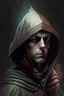 Placeholder: young bald wizard man with hood on