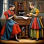 Placeholder: Two tailor women making a dress, fantasy style by artist "Catherine Abel" highly detailed elegant beautiful crisp quality, colourful, by artist "Jean Baptiste Monge"