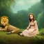 Placeholder: Young beautiful girl sitting next to a large, majestic, stunning lion on nature forest path, floral crown on girl, Chronicles of Narnia, 8k resolution, high-quality, fine-detail, iridescent, intricate, digital art, detailed matte, volumetric lighting, beautiful, illustration, 3D octane render, brian froud, howard lyon, selina french, anna dittmann, annie stokes, lisa parker, greg rutowski,