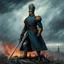 Placeholder: a heroic humanoid cactus wearing a blue prussian uniform, standing on a medieval battlefield, raising an officer sabre to the sky, during a storm, dark sky, burning sky, tattered banners, siege engines