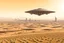 Placeholder: spaceship flying low over a desert city