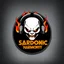 Placeholder: minimalist logo for rock band orange text "SARDONIC HARMONY" in a futuristic robotic font, sinister evil marshmallow head with headphones and red flames, dark negative space, by Salvador Dali and H.R. Giger