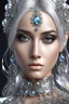 Placeholder: AI 3d photo realistic portrait of young woman, beautiful, shiny hard eyes, make up, Fantasy style, shiny baubles, ornate, large gemstones, shiny molten metalics, shiny wire filigree, silver hair, high definition, high res, octane render, 64k, 3d