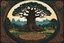 Placeholder: museum quality color woodcut of Yggdrasil, towering over a circle of ancient Druidic standing stones, in the style of Gustave Baumann, with a fine art aesthetic, highly detailed, finely cut ,8k render