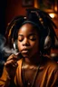 Placeholder: earthy black young woman listening to music with small headphones, soul, peace, majestic, earthy colours, at peace, happy, incense, jewels, bands, natural, old school headphones, blasian, incense, no epicanthal folds, darker skin tone