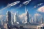 Placeholder: A Spaceship is taking off,Space Center on a heavy industrialized planet with a futuristic city in the background, retrofuturistic, art by John Berkey, buildings with glass facades, brutalist architecture, insanely detailed, vibrant, 8k uhd, cinematic atmosphere, ultra-wide angle, street level view, brush strokes, blue sky with clouds, sharp focus