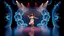 Placeholder: modern stage with a beautiful lady in modern clothing dancing, 3D recursive fractal structure animating background
