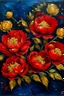 Placeholder: painting of Red small Peonies flowers with gold flowers in center of canvas dark blue background