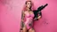 Placeholder: A modern Barbarella warrior with a machine gun covered by tattoos, 24-years-old wearing a pink one-piece swimsuit [vintage style noisy scratches glitches, Shot the texture and then rewound the film and double exposed from a 1970 B series movie]