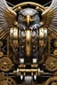 Placeholder: Facing front mechanical cyborg eagle straddle wings detailed, intricate, mechanical, gears cogs cables wires circuits, gold silver chrome copper