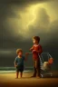 Placeholder: painting of young boy standing and old man sleeping on beach, dark storm clouds overhead, gloomy, bleak, shopping trolley, ship at sea, little fires