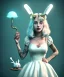 Placeholder: Ultra realistic portrait, wonderland, happy blonde Alice smoking a pipe, blue dress. elegant anthropomorphic white rabbit, circus dress style, old school tattoo, laughter, smoke, marijuana garden, mushroom lamps, glow eyes, perfect iris, soft color, highly detailed, unreal engine 5, ray tracing, RTX, lumen lighting, ultra detail, volumetric lighting, high definition.