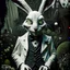 Placeholder: portrait of strange, creepy alien looking white rabbit with evil frown on face from Alice in Wonderland wearing a waistcoat, in garden, Tim Burton, Dr Suess, Terry Gilliam, Salvador Dali, dark moody,dystopia, sinister, evil, bizarre, nightmare