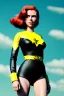 Placeholder: retro portrait image from 1960, sky background, wind, long red hair, fighting stance, sweet young Scarlett Johansson, black dress, classic long tight lycra black suit, gold bracelet and belt, high heel boots, superhero style, soft color, highly detailed, unreal engine 5, ray tracing, RTX, lumen lighting, ultra detail, volumetric lighting, 3d, finely drawn, high definition, high resolution.