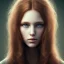 Placeholder: face of a young woman head and gaze downcast with fine features and long ginger hair