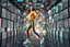 Placeholder: beautiful lady with todays modern clothing and sport shoes, in surreal stage made of fractal random size recursive objects with helical strip colors in clothing similar to environment full body dancing to camera,animating background metallic random color cubes