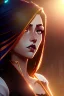Placeholder: Young business woman, dark orange eyes, dark brown hair, elegant hair, thin lips, gold hoop earrings, waist up portrait, 8k resolution, intricate details, ornate details, soft lighting, vibrant colors, retroanime, masterpiece, realistic, intricate eyeliner, dark eyeshadow, eyes,futuristic cityscape background