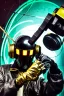 Placeholder: Metallic Cyber-punk style man with a web-camera-mask and old AKG-style headphones with golden rings. Large fencing mask covers man's cheeks. Man in good body shape. Reflective plastic. Body and head full of integrated old-fashioned cameras and an old telephone. Perfect body. Euclidean 3D-tiling, Escher tiling, background. Cables from spine. Daft Punk, Matrix movie black leather jacket with a Hood. Yellow latex areas in black leather surfaces body. 1990's