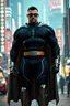 Placeholder: A giant, muscular man with extra-short, crew cut, black hair, blue eyes, short, trimmed goatee, standing stoically on the street in the neon lit, futuristic City of Xanadu prime, wearing a long-sleeved, highly textured, black body suit with gray piping that forms to his muscular frame, he has a silver lightning belt, silver wrist gauntlets, silver, knee-high boots, gray cape, he has the symbol of Xanadu Prime on his chest, and a thin black leather bandit eye mask