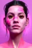 Placeholder: Realistic image, Rosalía artist, portrait, waist up portrait, pink black eye line, sweet, gold and pink geisha style, glow make up, led lights, neon, piercing nose, fog, rain, latex, vibrant color, highly detailed, art stations, concept art, smooth, unreal engine 5, god rays, ray tracing, RTX, lumen lighting, ultra detail, volumetric lighting, 3d, finely drawn, high definition, high resolution.