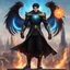 Placeholder: A 25 years boy persian in matte black robes with flaming eyes with grin with flaming light blue pupils stands atop a squire Two infinity gauntlets contain six infinity stones, one of which is made with nano In the hands of a powerful man walking While standing on a majestic height from afar With two big wings