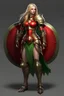 Placeholder: female with long blonde hair and green eyes, wearing red heavy armor, holding shield whole body