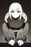 Placeholder: little blonde girl crouched down., grayscale