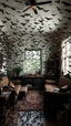 Placeholder: A room with furniture full of thousands of bats everywhere few on a the walls , ceiling, on the furniture coming all from an open window