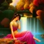 Placeholder: Hyperdetailed oil on canvas, young annie henley at a temple fountain, beautiful, detailed face, long dark hair, surrounded by luminous colorful sparkles, airbrush, depth of field, raspberries, blackberries, octane render, by gaspar camps, maxfield parrish, alphonse mucha, cyril rolando, volumetric lighting, dusk, 16k