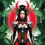 Placeholder: In the lush jungle, the Asian cyber-samurai superheroine, a symbol of power and grace, stands adorned in a red, futuristic harness with mechanical elements. Surrounded by vibrant green foliage and the mystical aura of a black and white Baphomet sigil, she embodies a fusion of tradition and technology. Her contemplative stance, with ink-like hair flowing, reflects a warrior in harmony with nature's whispers. As the crimson sun casts its glow upon her, she exudes strength and sophistication, a gua