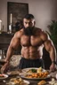 Placeholder: full figure shot photography of a burly ugly 30 year old italian boxer with big broken nose, very long muslim black beard, muscular beefy man shirtless, manly chest, big shoulders, shaved hair, bulge, in a modern dinner room, photorealistic