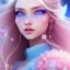 Placeholder:  beautiful, soft, whide smile face,whole head, long blonde straight hair, blue eyes, fairy wings on the back, transparent crystal blue and pink clothes, background blue and pink, big definition, 8K