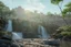 Placeholder: Sunny day, Epic waterfall landscape, rocks foreground