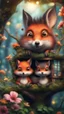 Placeholder: magazine cover with black border, adjust hue for evening, close up portrait of sleepy fox bug squirrel couple with weird worried cute huge eyes in a tree house in wonderful enchanted magical forest with amazing variety of flowers,bokeh like f/0.8, tilt-shift lens 8k, high detail, smooth render, down-light, unreal engine, prize winning