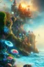 Placeholder: mystical beach, peacock, mystical, dreamlike, romanticism, fine detail, high quality, raining, rain droplets, beautiful colors, soft lighting, fish,